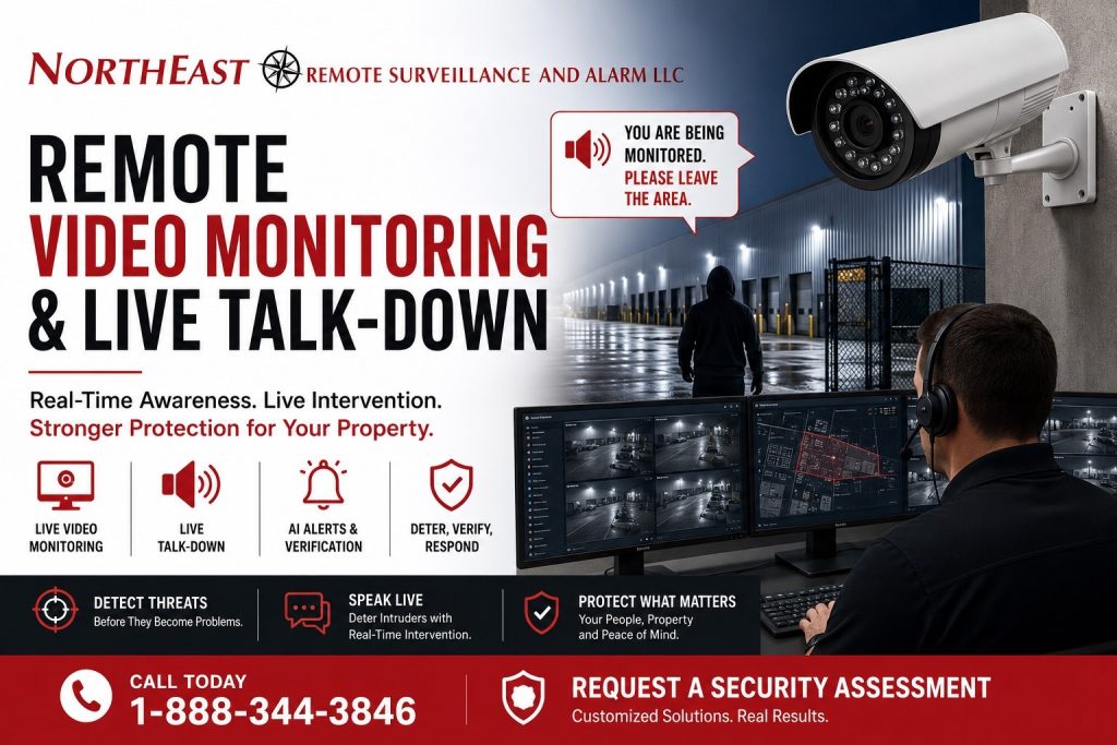 Remote video monitoring and live talk-down hero graphic showing a monitored commercial warehouse, security camera, speaker warning, operator screens, and Northeast Remote Surveillance and Alarm LLC branding.