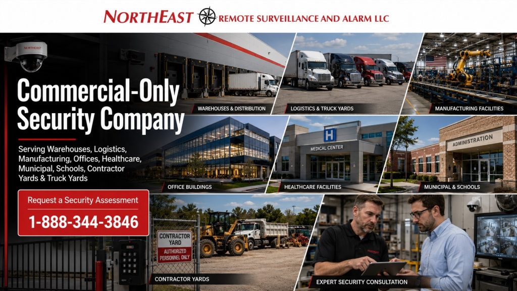 Northeast Remote Surveillance and Alarm commercial-only security hero showing warehouses, logistics, manufacturing, offices, healthcare, municipal buildings, schools, contractor yards, truck yards, access control, cameras, and expert security consultation with a client.