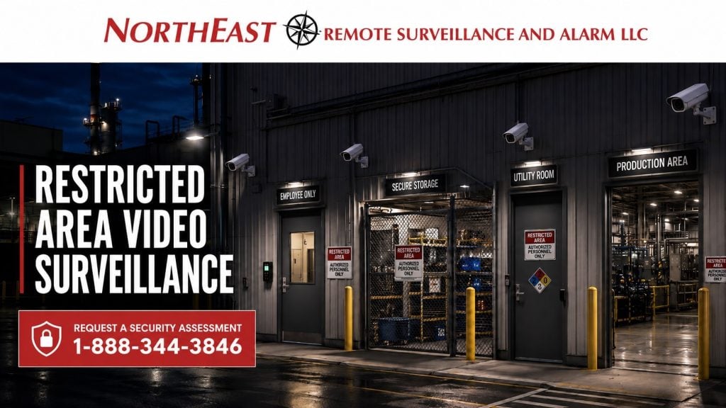 Restricted area video surveillance graphic featuring industrial cameras monitoring controlled access zones, equipment rooms, secure storage areas, production spaces, utility areas, employee-only entrances, after-hours movement, and Northeast Remote Surveillance and Alarm, LLC branding.