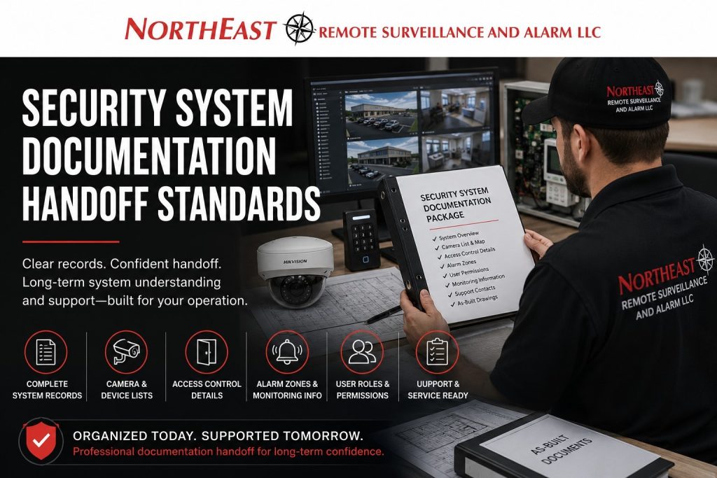 NERSA technician preparing security system documentation handoff records with camera lists, access control details, alarm zones, user permissions, and support-ready as-built documents.