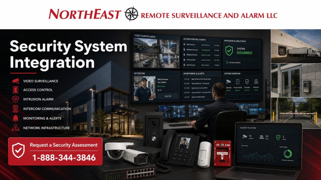 Security system integration for Northeast Remote Surveillance and Alarm, LLC showing video surveillance monitors, access control events, intrusion alarm status, intercom communication, monitoring alerts, network infrastructure, and centralized security review for a commercial facility.
