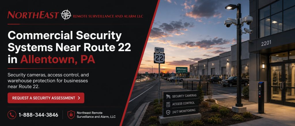 Commercial security systems near Route 22 in Allentown, PA showing a secured commercial property with Route 22 signage, surveillance cameras, access control, exterior lighting, parking areas, and Northeast Remote Surveillance and Alarm, LLC branding.