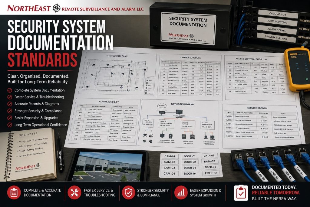 Security system documentation standards showing commercial security plans, camera schedules, access control door lists, alarm zone documentation, network diagrams, service records, and low-voltage infrastructure labeling.