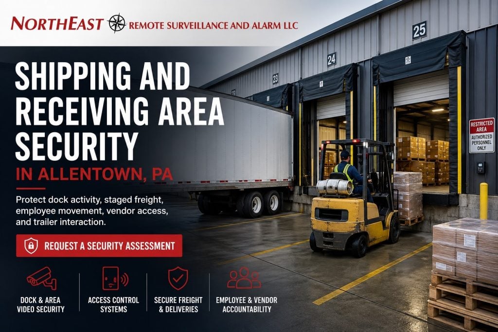 Shipping and receiving security at an Allentown warehouse with loading docks, trailers, forklift activity, staged freight, access control, and surveillance cameras.