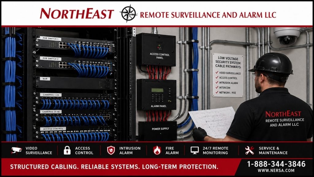 Low-voltage cabling for commercial security systems showing labeled security wiring, PoE switching, access control panel, alarm wiring, and commercial cabling infrastructure by Northeast Remote Surveillance and Alarm LLC.