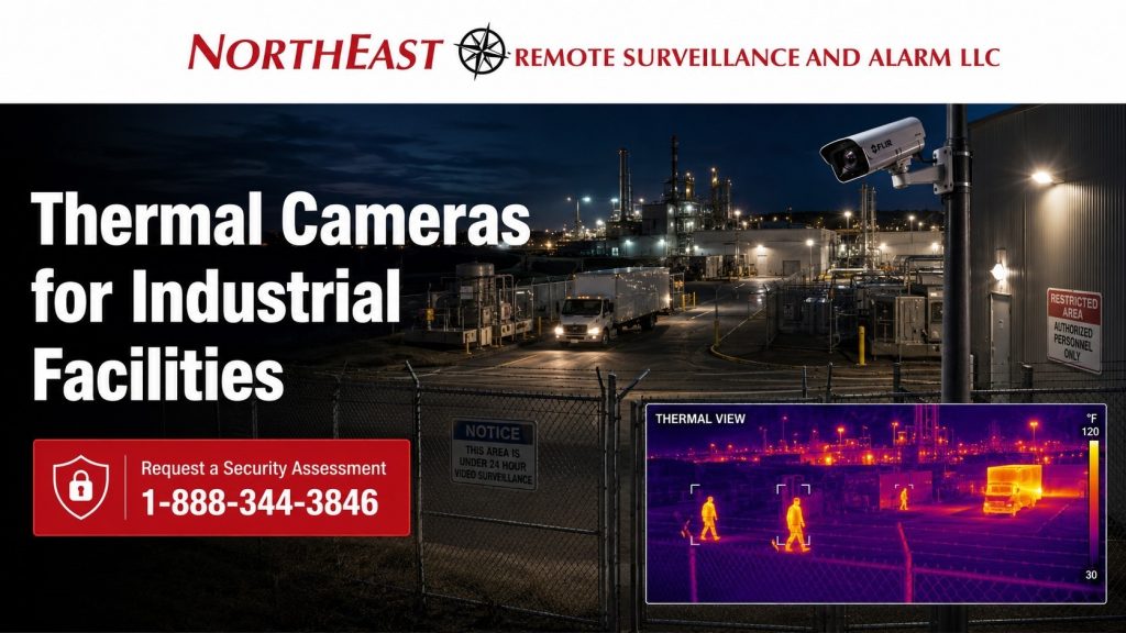 Thermal cameras for industrial facilities graphic featuring heat-detection surveillance around industrial perimeters, equipment yards, utility areas, restricted zones, fence lines, after-hours movement, vehicle detection, and Northeast Remote Surveillance and Alarm, LLC branding.