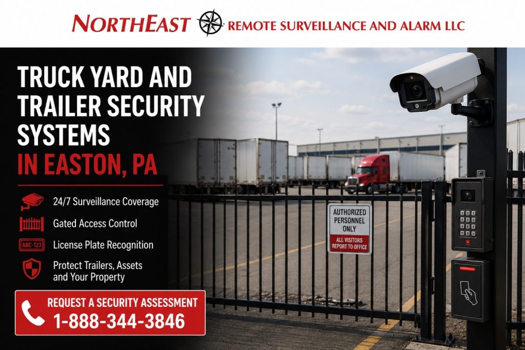 Branded truck yard and trailer security systems image in Easton, PA showing surveillance camera coverage, gated trailer yard, access keypad, card reader, Northeast Remote Surveillance and Alarm, LLC logo, and phone number 1-888-344-3846.