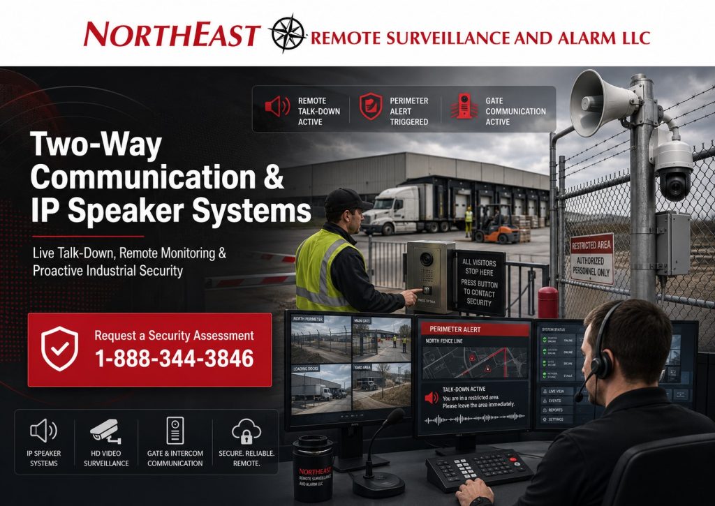 Use this alt text:

Two-way communication and IP speaker system for Northeast Remote Surveillance and Alarm, LLC showing outdoor horn speakers, remote talk-down audio, surveillance cameras, monitoring screens, perimeter alerts, gate communication, and warehouse security operations for a commercial industrial facility.
