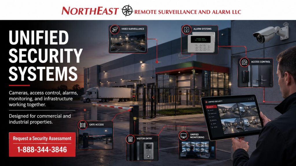Unified security systems hero for Northeast Remote Surveillance and Alarm, showing commercial warehouse cameras, gate access, visitor entry, alarms, monitoring, access control, and connected security management.