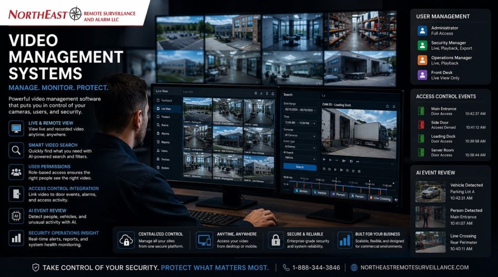 Video management system for commercial security showing surveillance monitors, camera grid views, recorded video search, user permissions, AI event review, access control integration, and security operations monitoring for a commercial facility.