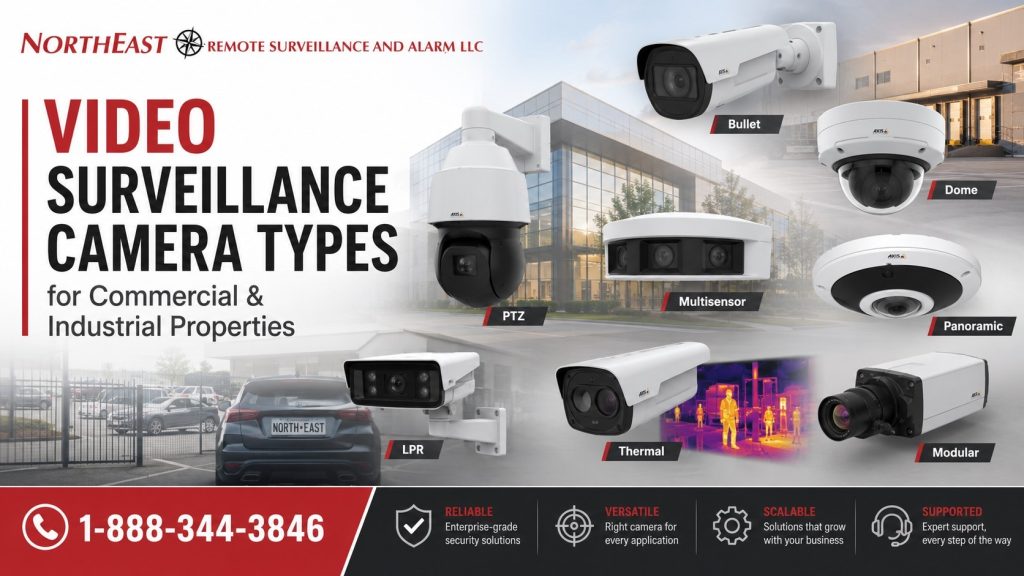 Video surveillance camera types collage showing Axis-style bullet, dome, PTZ, multisensor, panoramic, LPR, thermal, and modular cameras for commercial and industrial properties with NERSA branding.