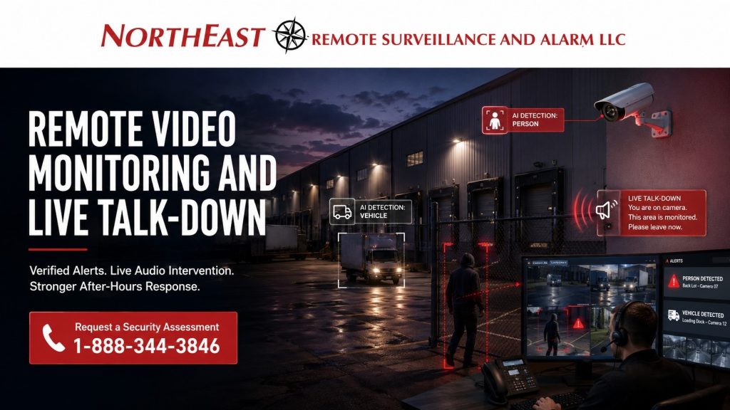Remote video monitoring and live talk-down graphic showing commercial security cameras, AI alerts, monitoring operator screens, speaker warning, warehouse exterior, and Northeast Remote Surveillance and Alarm LLC branding.