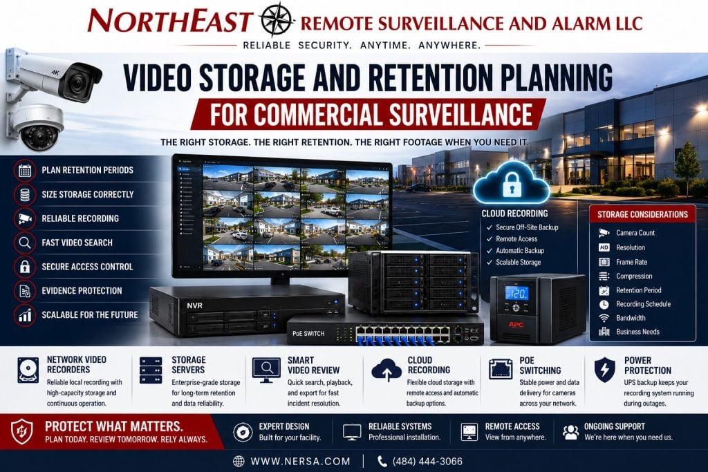 Video storage and retention planning for commercial surveillance NERSA Video storage and retention planning for commercial surveillance showing NERSA branded security cameras, network video recorders, storage servers, cloud recording, PoE switching, UPS backup, and camera footage review.