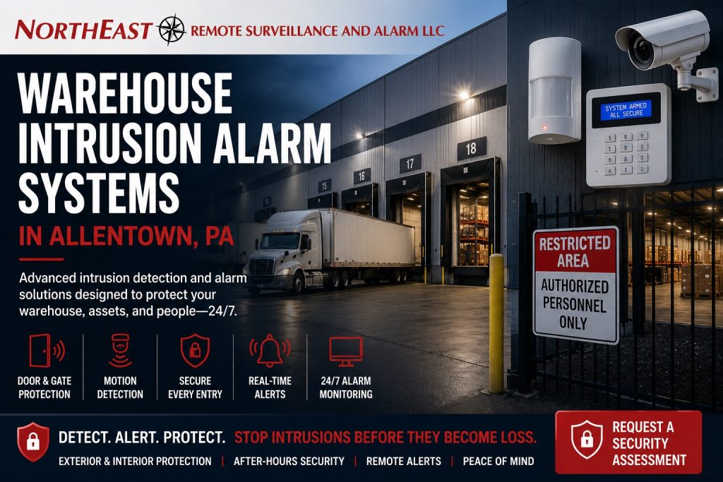 Warehouse intrusion alarm systems in Allentown, PA showing a commercial warehouse at night with loading docks, a truck, intrusion alarm keypad, motion detector, surveillance camera, restricted-area signage, and Northeast Remote Surveillance and Alarm, LLC branding.