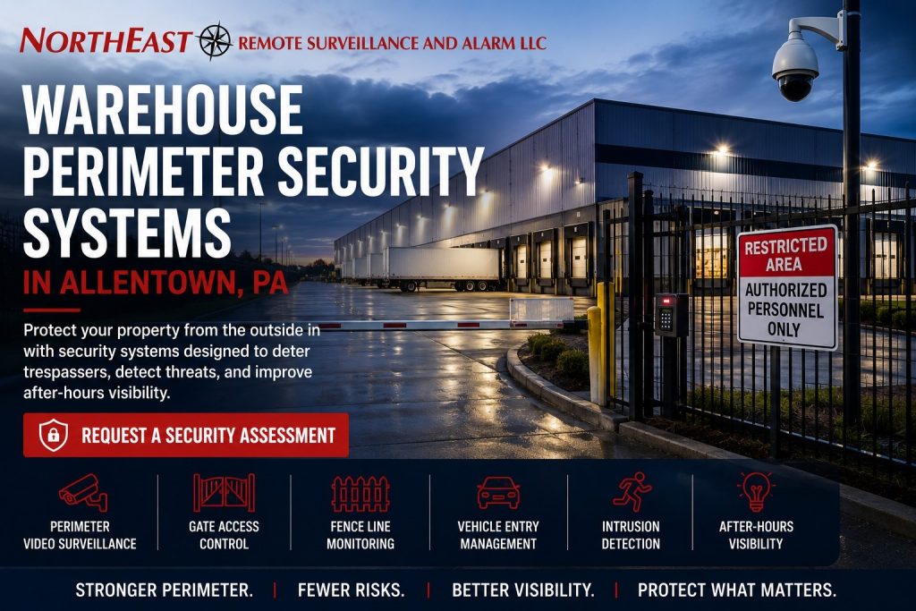 Warehouse perimeter security systems in Allentown, PA showing a secured industrial warehouse with perimeter cameras, gate access control, fencing, restricted-area signage, trailers, exterior lighting, and Northeast Remote Surveillance and Alarm, LLC branding.