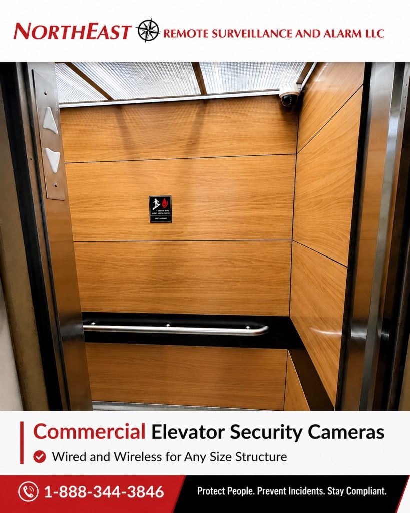 Commercial elevator security cameras showing elevator cab video surveillance, wired elevator camera cabling, wireless elevator camera transmission, monitoring, and Northeast Remote Surveillance and Alarm LLC branding.