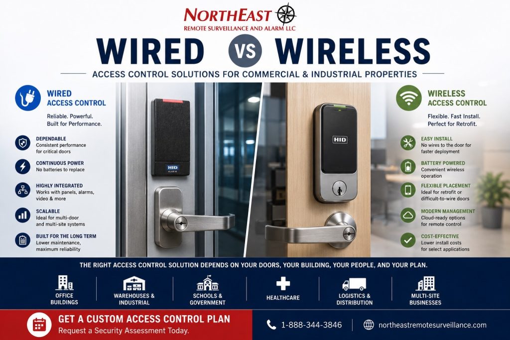 Wired vs Wireless Access Control hero for Northeast Remote Surveillance and Alarm, showing commercial door readers, hardwired access control, wireless lockset access control, office, warehouse, school, healthcare, logistics, and multi-site business security planning.
