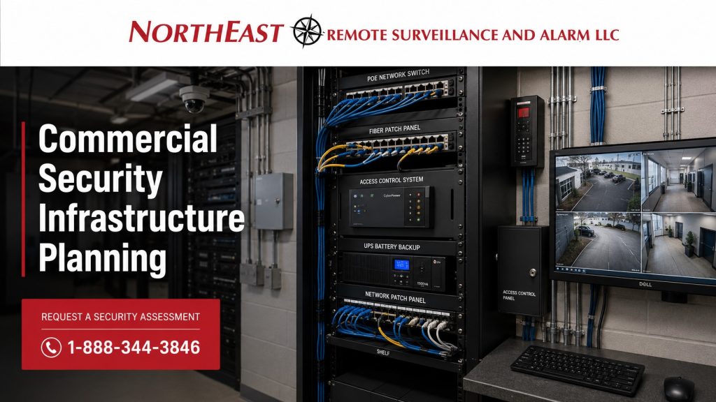 Illustration of cabling, network switching, backup power and security-system planning.