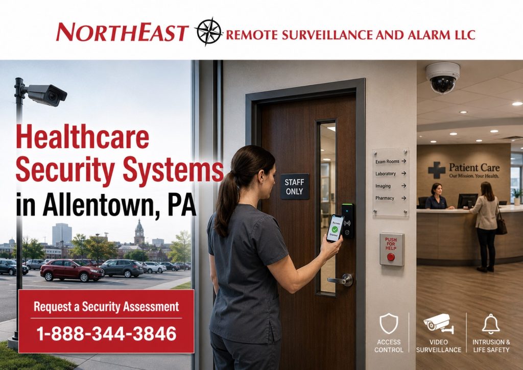 Healthcare security systems in Allentown PA showing medical office access control, parking lot cameras, panic buttons, intrusion alarms, staff-only doors, visitor entry, and Northeast Remote Surveillance and Alarm LLC branding.