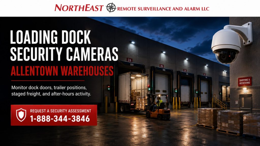 Loading dock security cameras for Allentown warehouses showing dock doors, trailers, staged freight, exterior surveillance, and commercial security monitoring by Northeast Remote Surveillance and Alarm LLC.