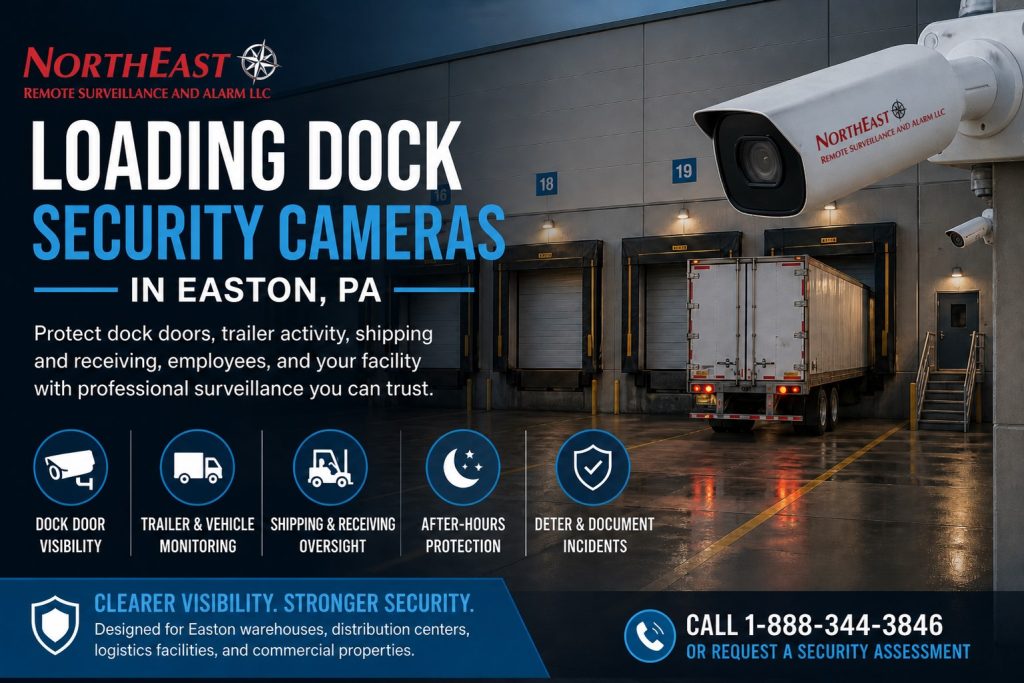 Loading dock security cameras in Easton, PA showing warehouse dock doors, trailer activity, exterior surveillance cameras, after-hours dock visibility, and Northeast Remote Surveillance and Alarm, LLC branding.