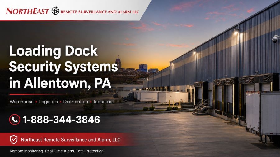 Loading dock security systems in Allentown, PA showing warehouse dock doors, parked trailers, exterior surveillance cameras, shipping and receiving activity, after-hours lighting, and Northeast Remote Surveillance and Alarm branding.