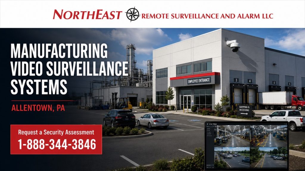 Manufacturing video surveillance systems in Allentown PA showing security cameras for light industrial buildings, employee entrances, parking areas, exterior doors, and production-adjacent spaces by Northeast Remote Surveillance and Alarm LLC.
