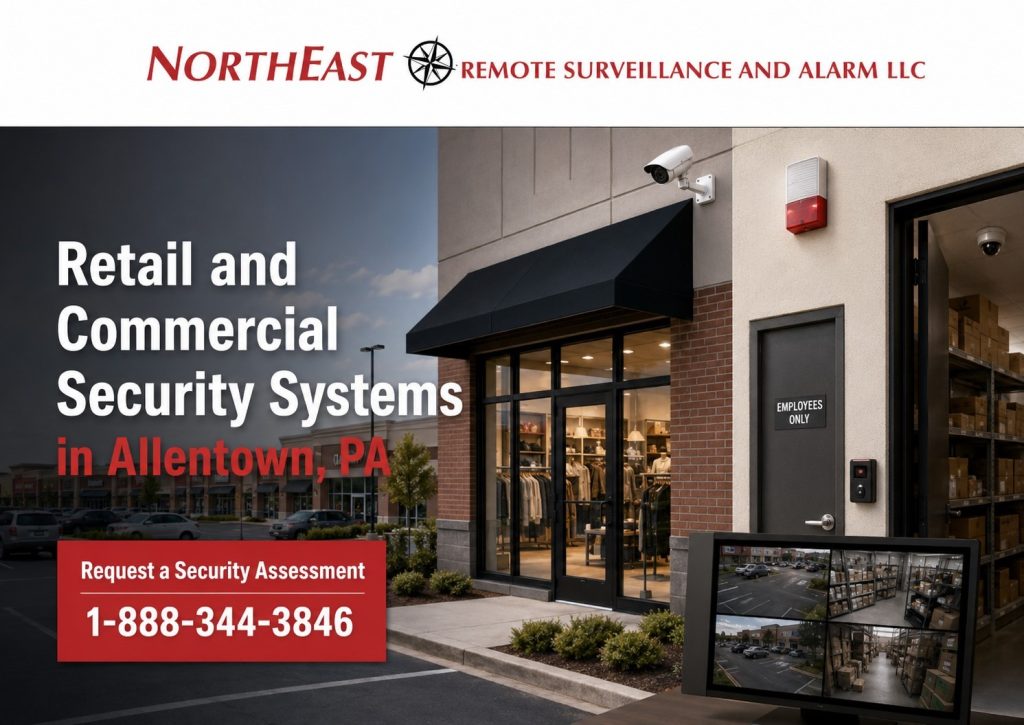 Retail and commercial security systems in Allentown PA showing storefront cameras, shopping plaza surveillance, intrusion alarms, stockroom access control, parking lot cameras, and Northeast Remote Surveillance and Alarm LLC branding.