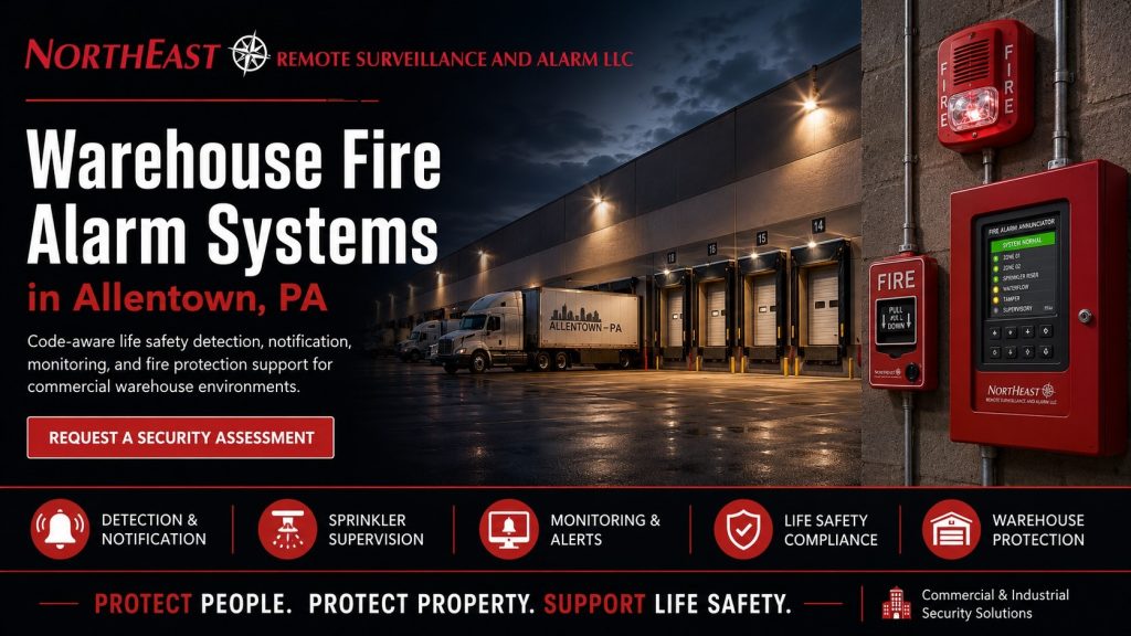 Warehouse fire alarm systems in Allentown, PA showing a commercial loading dock facility at night with fire alarm control panel, pull station, horn strobe, trucks, dock doors, and Northeast Remote Surveillance and Alarm, LLC branding.