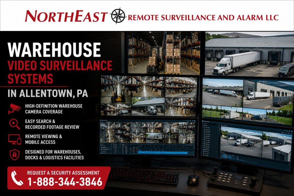 Warehouse video surveillance systems in Allentown, PA showing NERSA-branded warehouse camera monitoring, loading dock views, logistics facility surveillance, recorded footage review, and remote viewing for industrial properties.