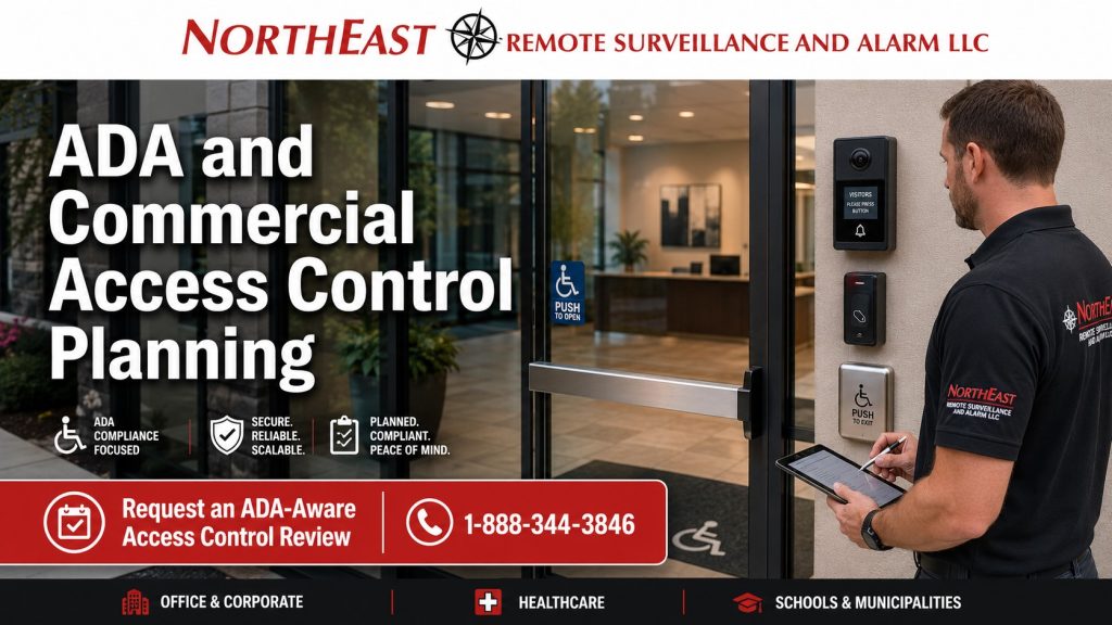 ADA and commercial access control planning hero showing an accessible building entrance, card reader, video intercom, push-to-open button, NERSA technician, and NERSA branding.