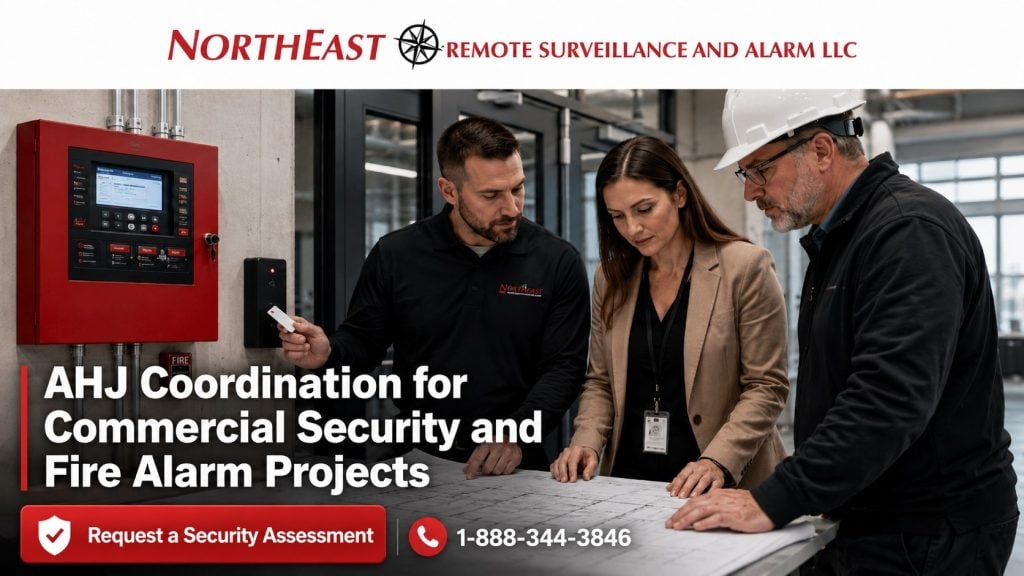 AHJ coordination for commercial security and fire alarm projects showing NERSA staff reviewing plans, fire alarm documentation, access control devices, and inspection readiness.