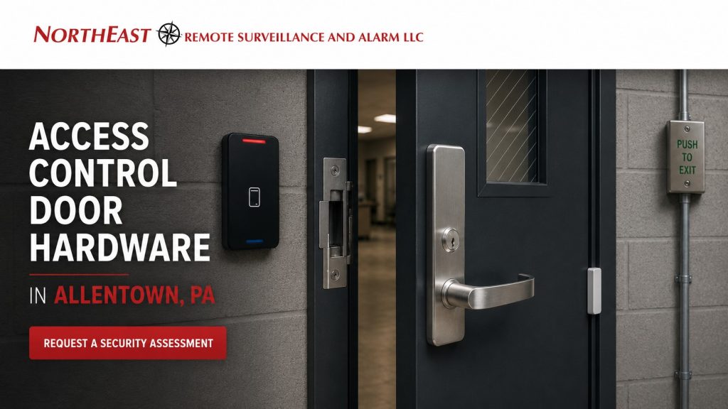 Access control door hardware in Allentown PA showing electric strike, card reader, electrified trim, request-to-exit device, and commercial security planning by Northeast Remote Surveillance and Alarm LLC.