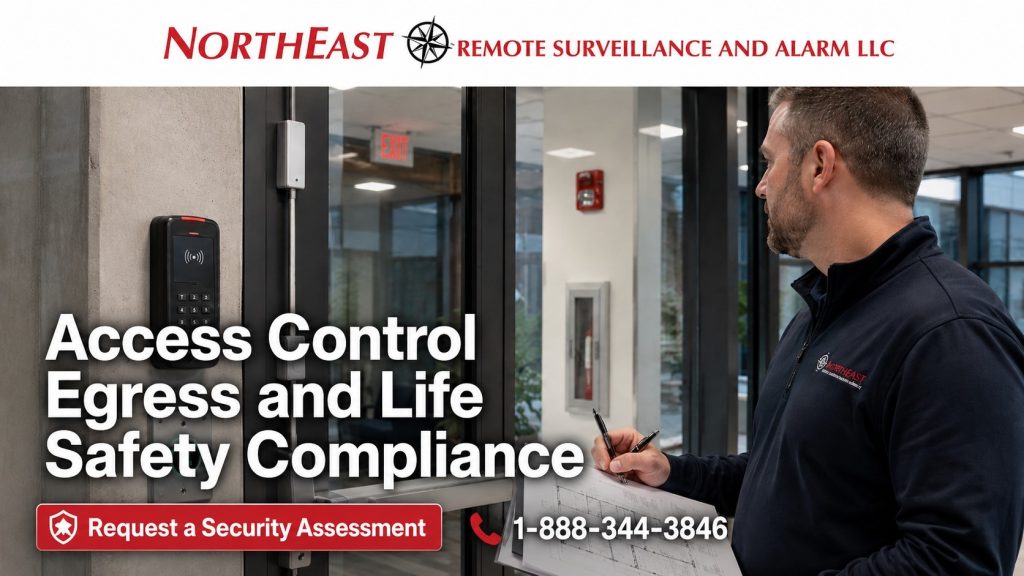Commercial door hardware and electronic locking compliance hero showing an access-controlled door, card reader, request-to-exit button, electrified exit device, door position contact, NERSA technician, and NERSA branding.