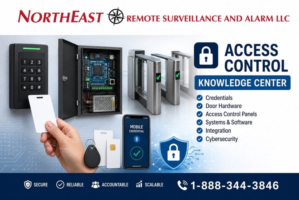 Branded Access Control Knowledge Center graphic featuring keypad reader, access control panel, turnstiles, mobile credential smartphone, RFID cards, cybersecurity icons, commercial door hardware, and Northeast Remote Surveillance and Alarm, LLC branding with phone number 1-888-344-3846.