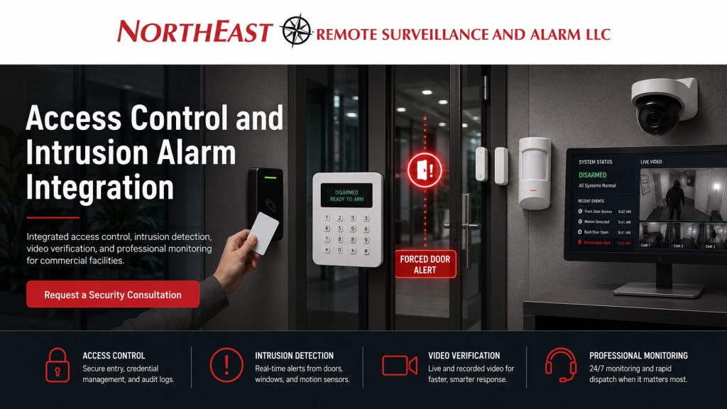 Commercial access control and intrusion alarm integration showing card reader access, alarm keypad, forced door alert, door contacts, motion detection, video verification, monitoring dashboard, and Northeast Remote Surveillance and Alarm, LLC branding.