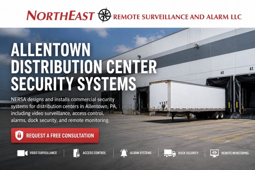 Allentown distribution center security systems with loading dock surveillance, access control, alarm systems, dock security, and remote monitoring by NERSA.