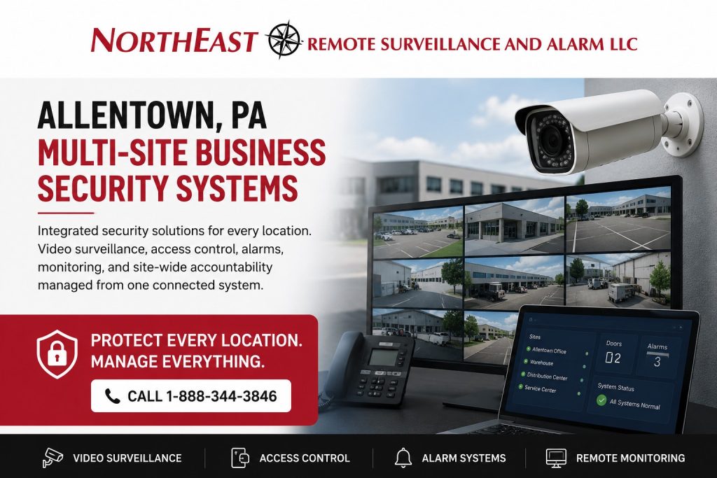 Allentown, PA multi-site business security systems hero with NERSA logo, security camera, monitoring screens, and call CTA.