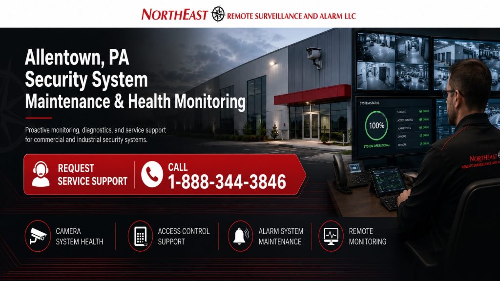Allentown, PA security system maintenance and health monitoring hero showing NERSA service support, monitoring screens, commercial building, and call CTA.