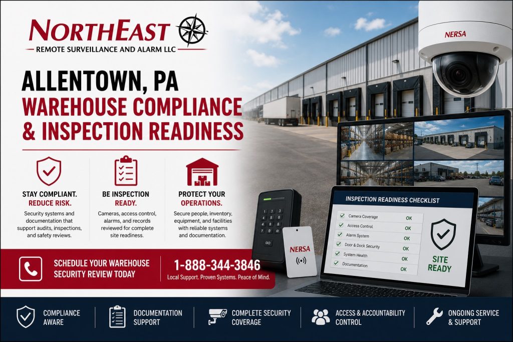 Allentown warehouse compliance and inspection readiness hero with NERSA logo, warehouse loading docks, security cameras, access control, checklist screen, and review CTA.