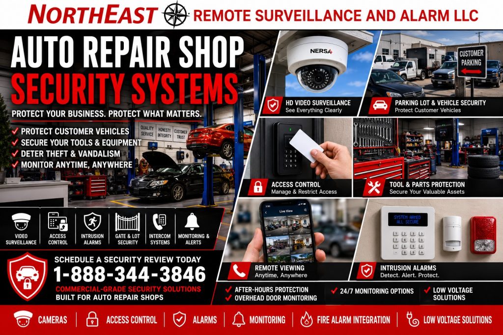 Auto repair shop security systems collage showing video surveillance, access control, intrusion alarms, parking lot and vehicle security, tool and parts protection, remote viewing, overhead door monitoring, fire alarm integration, and low-voltage security solutions by NERSA.
