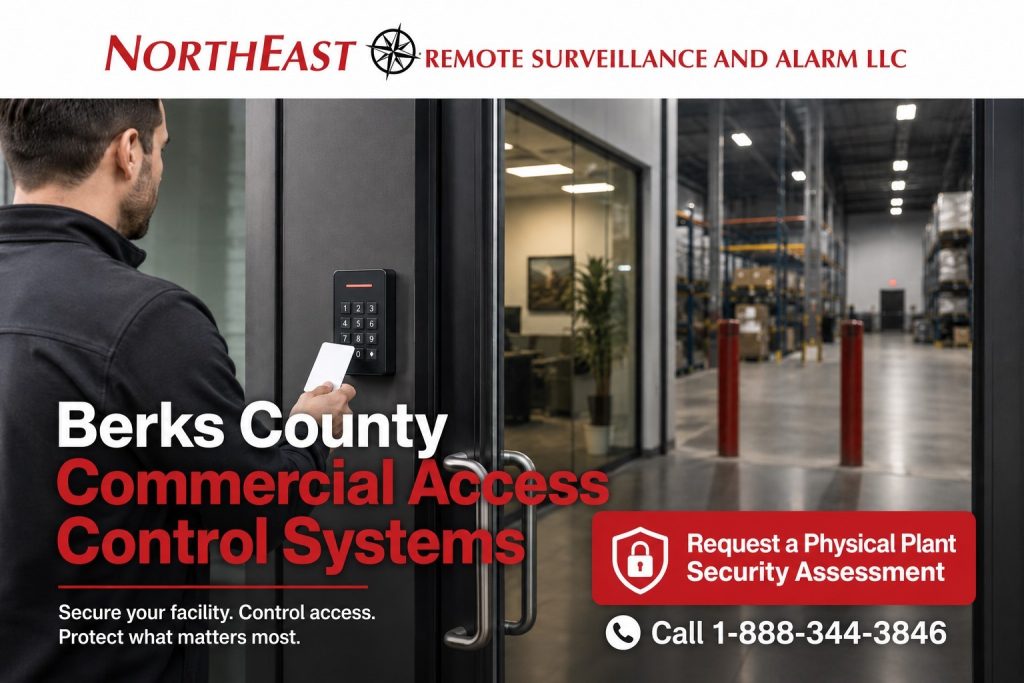 Berks County commercial access control systems hero showing card reader access, employee entrance control, restricted area doors, access control panels, credential management, and Northeast Remote Surveillance and Alarm, LLC branding.