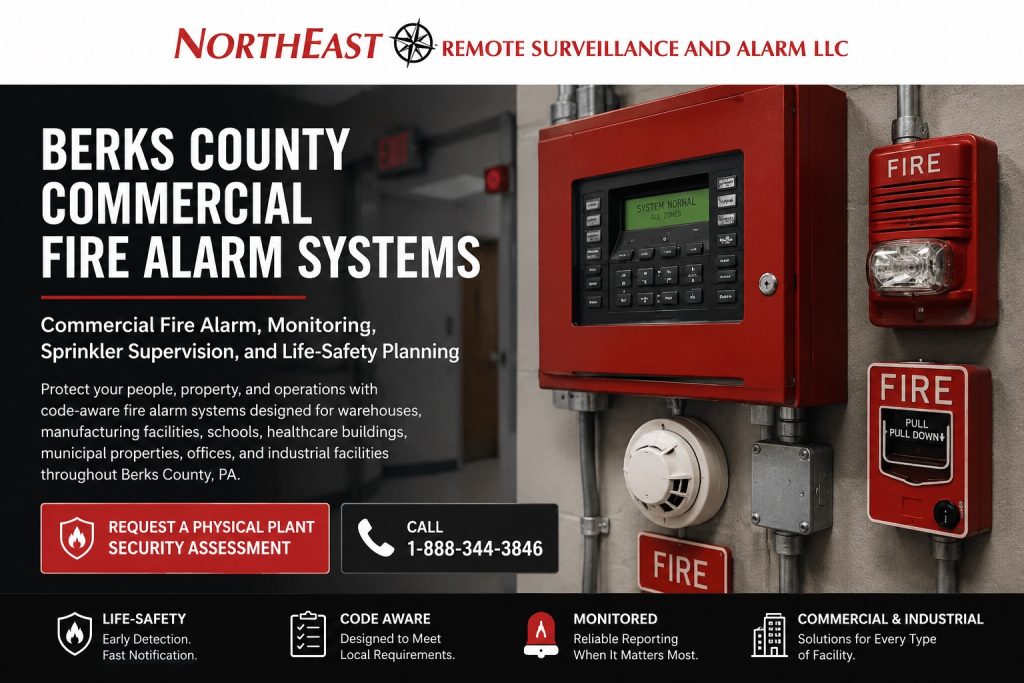 Berks County commercial fire alarm systems hero showing fire alarm control equipment, horn strobes, smoke detection, sprinkler monitoring, life-safety notification, commercial facility protection, and Northeast Remote Surveillance and Alarm, LLC branding.
