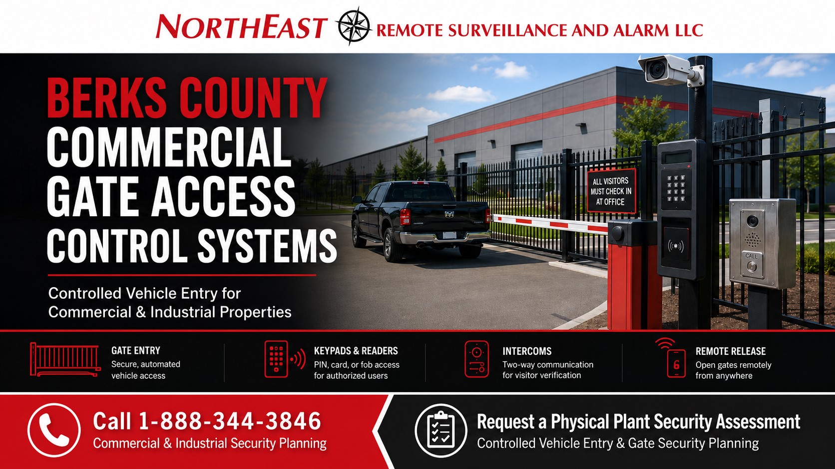 Berks County commercial gate access control systems hero showing gated vehicle entry, keypad reader, intercom, security camera coverage, remote release, controlled access planning, and Northeast Remote Surveillance and Alarm, LLC branding.