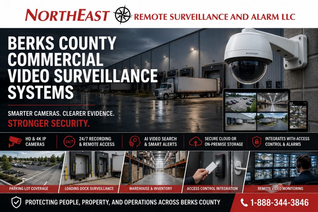 Berks County commercial video surveillance systems hero showing warehouse cameras, parking lot coverage, dock surveillance, remote viewing, AI video search, and Northeast Remote Surveillance and Alarm, LLC branding.