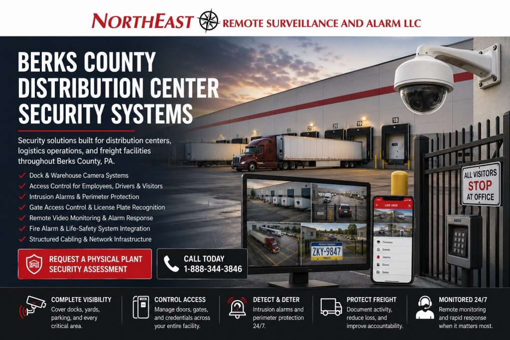 Berks County distribution center security systems hero showing warehouse dock surveillance, truck court security, trailer area cameras, gate access control, license plate recognition, remote monitoring, and Northeast Remote Surveillance and Alarm, LLC branding.