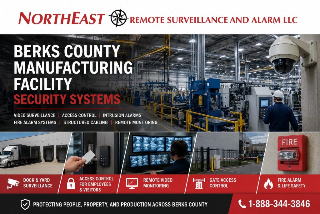 Berks County manufacturing facility security systems hero showing production floor surveillance, dock and yard cameras, employee access control, remote video monitoring, gate access control, fire alarm life safety, and Northeast Remote Surveillance and Alarm, LLC branding.