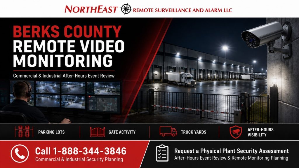 Berks County remote video monitoring hero showing commercial camera event review, parking lot monitoring, truck yard surveillance, gate activity visibility, after-hours alerts, audio talk-down planning, and Northeast Remote Surveillance and Alarm, LLC branding.