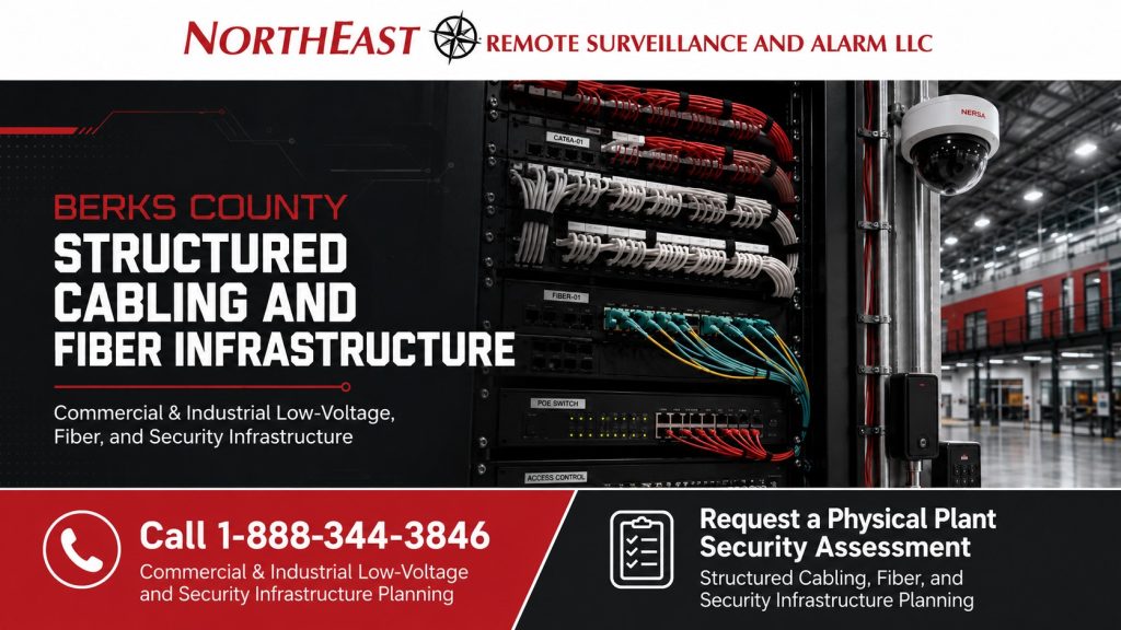 Berks County structured cabling and fiber infrastructure hero showing commercial low-voltage cabling, fiber connections, network equipment, PoE switches, security camera infrastructure, access control wiring, and Northeast Remote Surveillance and Alarm, LLC branding.