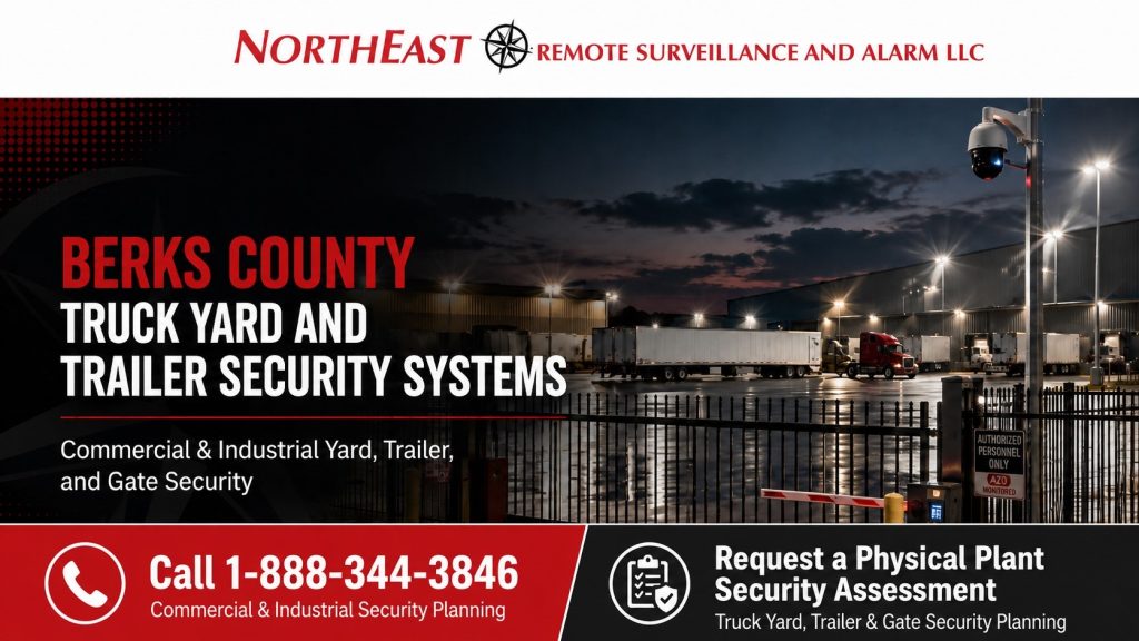 Berks County truck yard and trailer security systems hero showing gated yard cameras, trailer area surveillance, license plate recognition, remote monitoring, fleet parking visibility, and Northeast Remote Surveillance and Alarm, LLC branding.